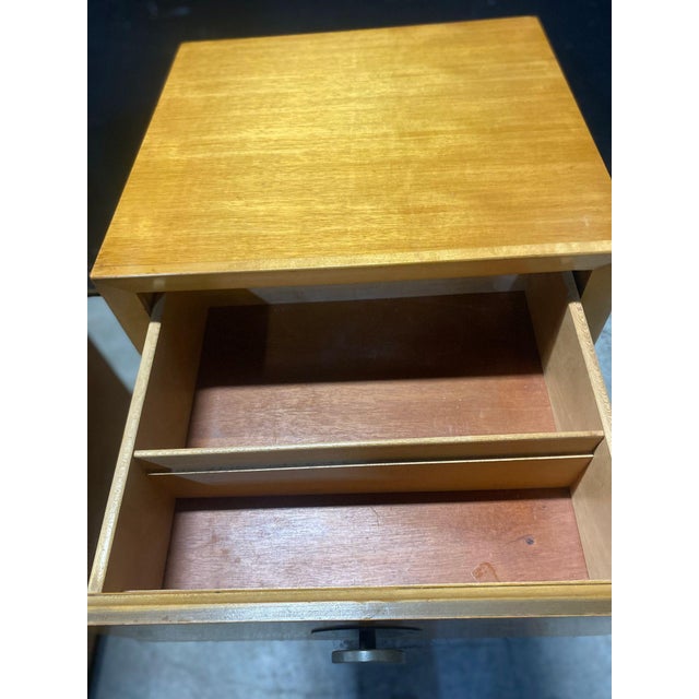Brown 1950s Pair of Blonde Mahogany Four Drawer Chests With Brass Hardware For Sale - Image 8 of 10