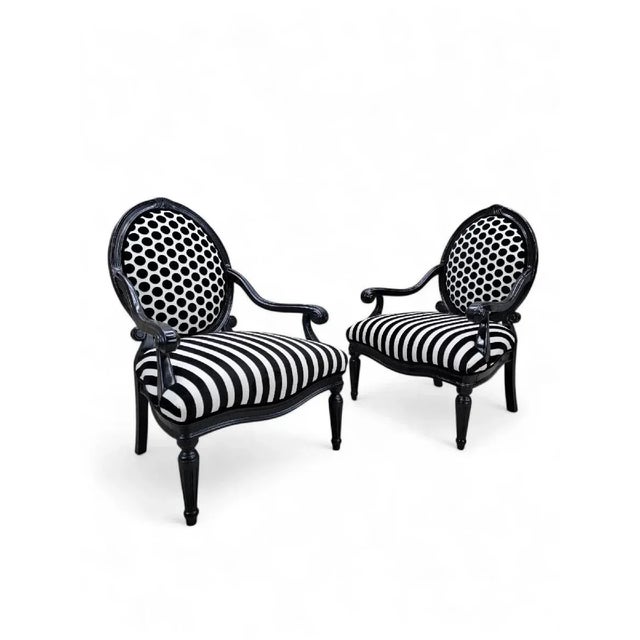 Vintage French Louis XVI Style Armchairs, Newly Reupholstered in Black & White Striped and Polka Dot Velvet – Pair A...