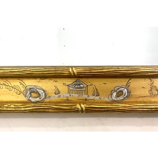 Gold Vintage Chinoiserie Rectangular Faux Bamboo Gilt La Barge Style Wall Mirror, Miniature Hand Painted Figures & Landscapes For Sale - Image 8 of 8