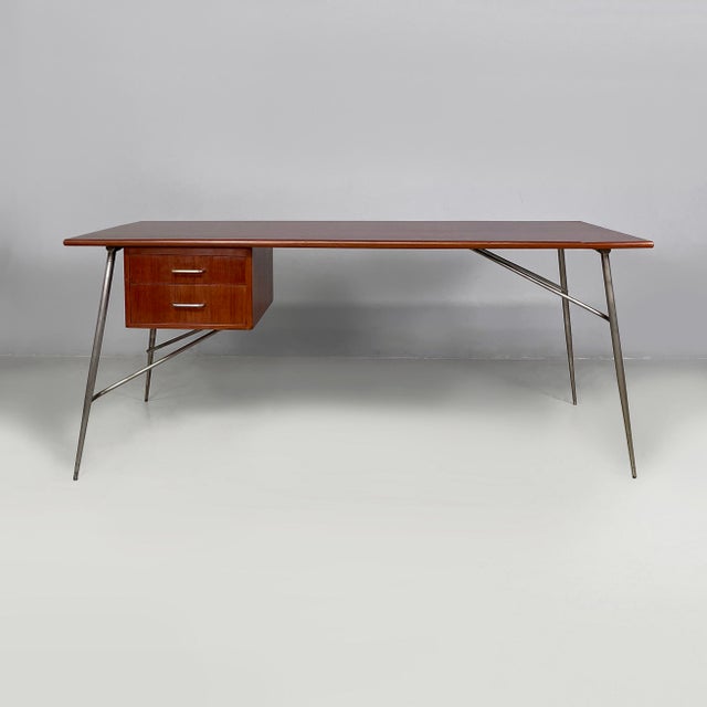German mid-century modern teak desk by Børge Mogensen for Søborg Møbler, 1950s Desk with rectangular teak top. It features...