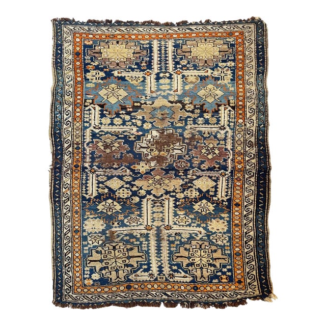 Early 20th Century Caucasian Rug with Purple, Tangerine, & Charcoal Rug 3.6 x 5 For Sale