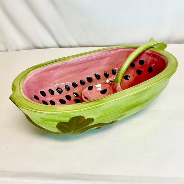 Mid 20th Century Americana Folk Art Arts & Crafts Ceramic Watermelon Serving Bowl With Ladle - 2 Piece Set. For Sale - Image 11 of 12