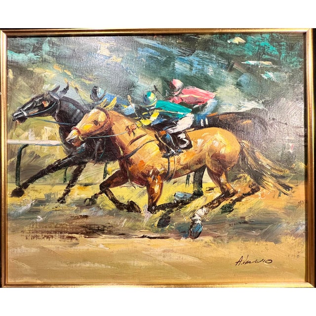Mid-Century Modern Original ANTHONY VECCIO Horse Racing Oil on Canvas Painting Signed Aprox. dimensions: Painting: 20"H x...