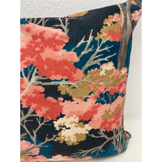 English 20" Square Pillow With Pink Flowering Trees on a Velour-Like Dark Blue Background - Made in Uk. For Sale - Image 3 of 6