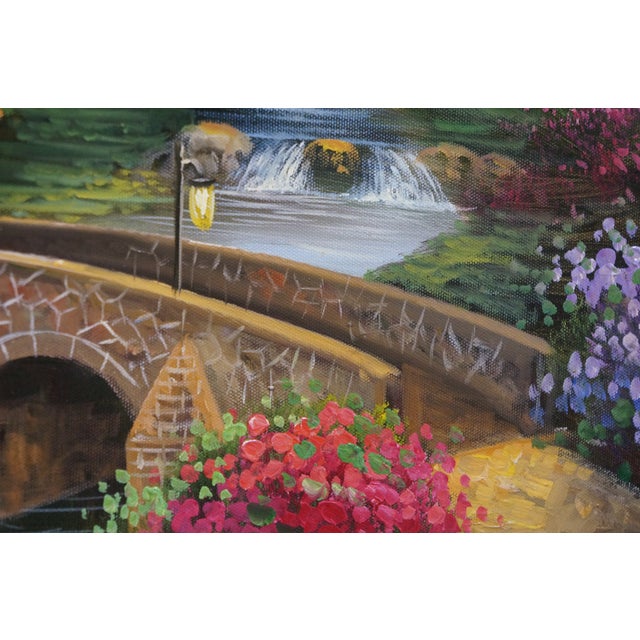 Late 20th Century C. Jaffey Cottage Garden Stream Landscape Oil Painting on Canvas 31" For Sale - Image 9 of 12