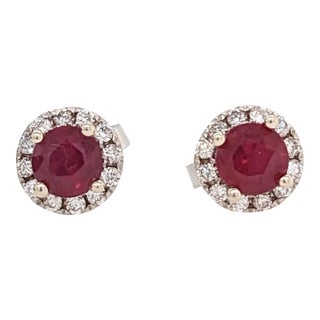 Pretty Mozambique Ruby Studs With Natural Diamond Halo in Solid 14k White Gold For Sale