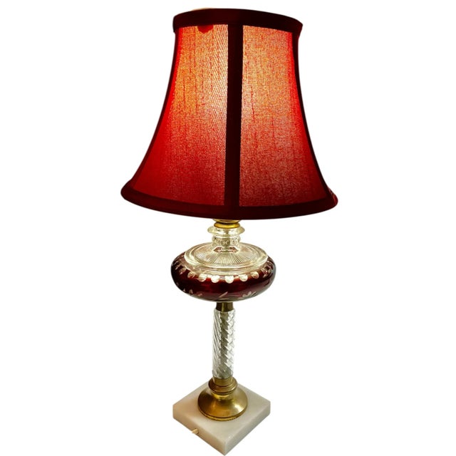 Victorian Era Etched Cranberry Glass Boudoir Table Lamps Pair For Sale - Image 11 of 12
