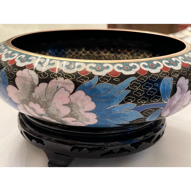 Wood Chinese Cloisonné Black Enamel Bowl, Flowers and Birds, 8” With Stand For Sale - Image 7 of 12