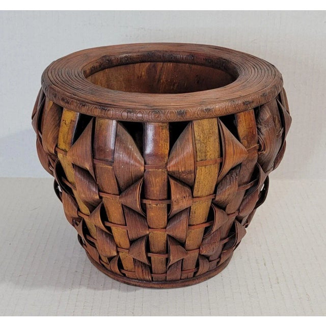 Wood Vintage Artistic Japanese Split Woven Rattan Pencil Reed Planter For Sale - Image 7 of 12