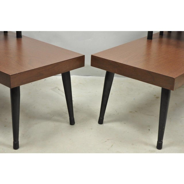 Paper Vintage Mid Century Modern Two Tier Step Walnut Laminate Spindle End Table, Pair For Sale - Image 7 of 15