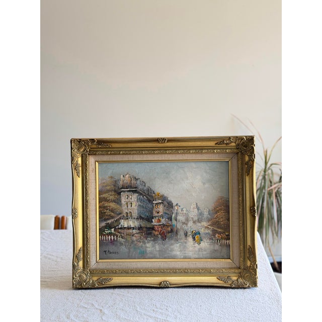 Original Signed Paris Street Scene Oil Painting, Impasto Cityscape, Mid Century French Style, Ornate Gilt Frame For Sale - Image 9 of 12