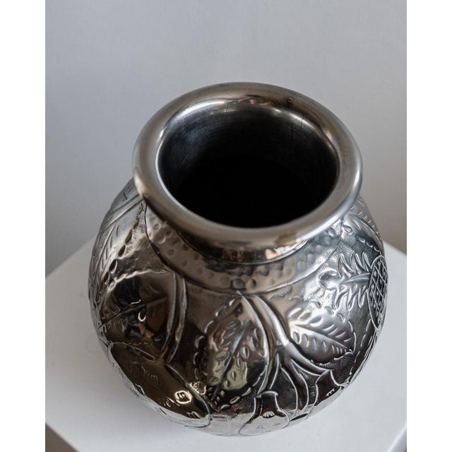 Vintage Nickel-Plated Brass Vase with Hand-Hammered Fruit and Leaf Relief, Italy, 1960s For Sale - Image 4 of 15