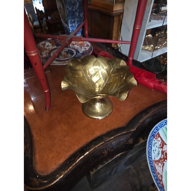 Mid-Century Modern Vintage Brass Cabbage Leaf Compote For Sale - Image 3 of 10
