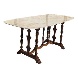 Antique Oval Marble-Top Dining Table With Turned Wood Base For Sale