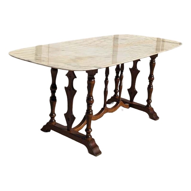 Antique Oval Marble-Top Dining Table With Turned Wood Base For Sale