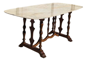Antique Oval Marble-Top Dining Table With Turned Wood Base