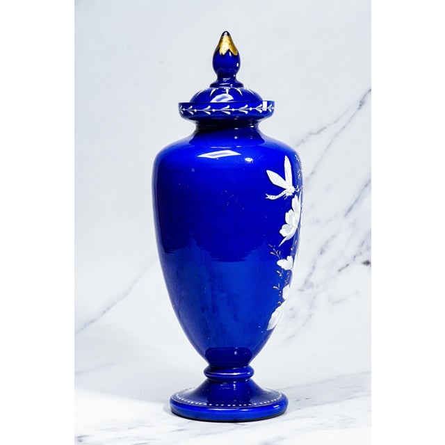 Striking Cobalt Blue and Hand Painted White Dragon Fly Flower Design Antique Victorian Decorative Vase For Sale - Image 12 of 17