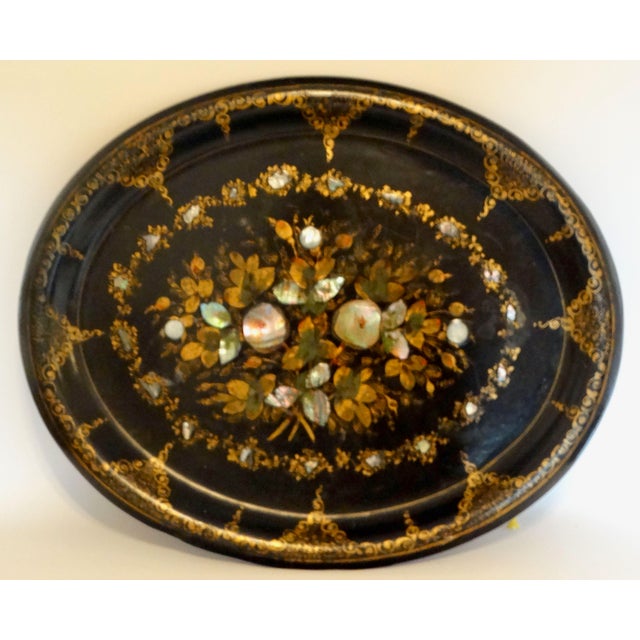 19th Century English Papier-Mâché Chinoiserie Tray. With Mother of Pearl Inlay For Sale - Image 4 of 11
