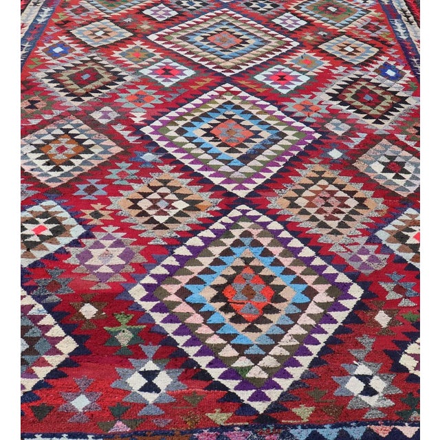 Hand Woven Vintage Qashqai Persian Kilim Rug With Bold Geometric Diamonds in Red, Blue, and Multicolor 9'1 X 16' For Sale - Image 10 of 12