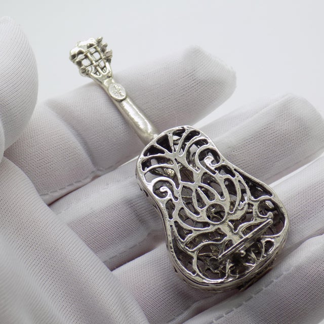 Silver Vintage Italian Handmade Genuine Silver Classic Guitar Figurine Miniature, Made by Arpa Silversmith in Tuscany For Sale - Image 8 of 10