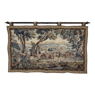 Vintage Hunting Scene Tapestry with Iron Rail For Sale