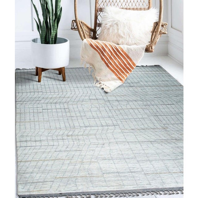 9x12 Ivory Hand-Knotted Wool Linear Gridwork Geometric Modern Carpet Rug For Sale - Image 9 of 9