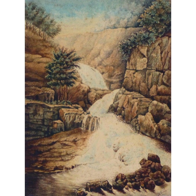 René Véron, Antique French Watercolor Landscape - Waterfall For Sale
