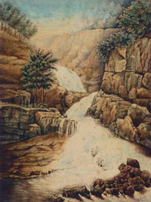 René Véron, Antique French Watercolor Landscape - Waterfall
