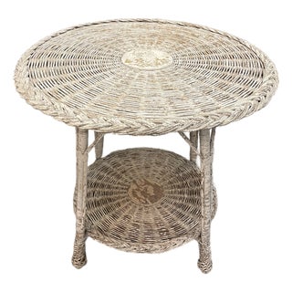 Antique Round Woven Wicker Table For Sale