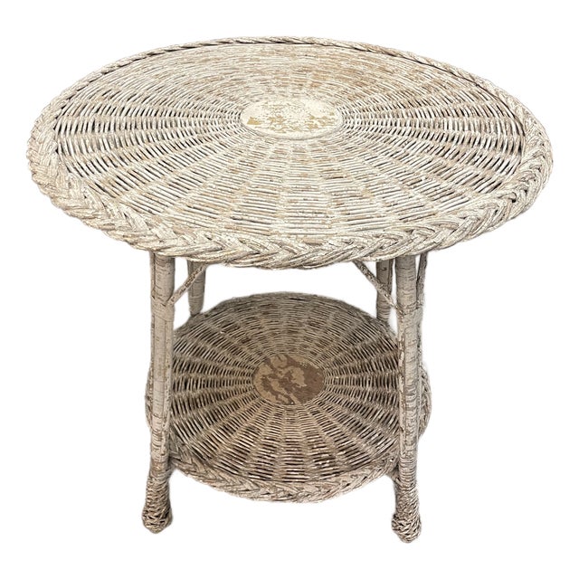Antique Round Woven Wicker Table For Sale