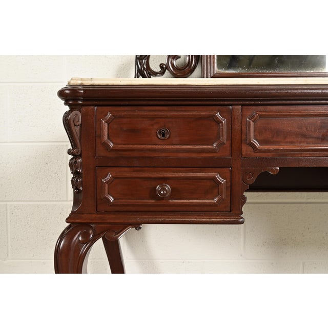 Alexander Roux Antique French Rococo Carved Mahogany and Marble Top Vanity Dressing Table With Mirror, Newly Refinished For Sale - Image 9 of 14