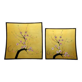1970s Vintage Vietnamese Lacquerware Tray Set Cherry Blossom Hand Painted Curved Bowls - Set of 2 For Sale