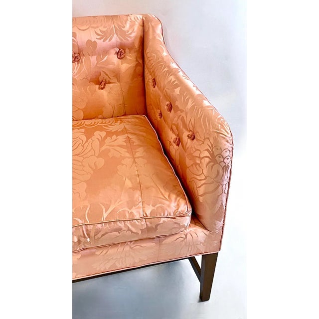 Wood Vintage Peach Silk Damask Upholstered Sofa For Sale - Image 7 of 11