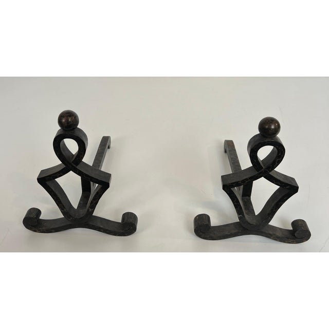 1940s Pair of modernist wrought iron andirons. French work. Circa 1940 For Sale - Image 5 of 12
