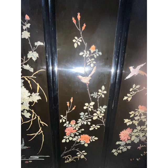 Vintage Chinese Black Lacquered Panels Carved Stone Inlay Birds For Sale - Image 4 of 8