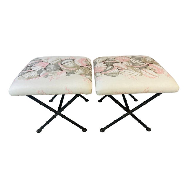 Vintage Faux Bamboo Iron X Benches, Newly Upholstered For Sale