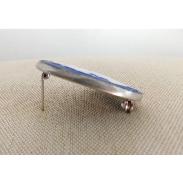 Metal Midnight Blue Italian Cameo and Sterling Brooch, Woman With Birds in Garden For Sale - Image 7 of 8