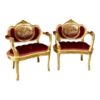 French Louis XVI Style Red Velvet Chairs - a Pair For Sale