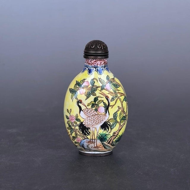 Chinese Vintage Painted Enamel on Copper Snuff Bottle – Crane & Peach Motif For Sale - Image 3 of 9