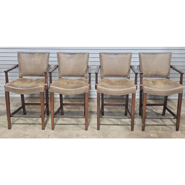 Store Item: Set of Four Hickory Chair Mahogany Alligator Pattern Leather Counter Stools/Bar Stolls with Arms Description:...