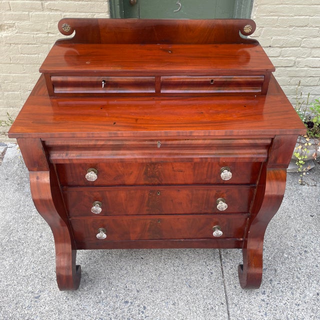 Stunning late 1800s empire style crotch mahogany 6-drawer dresser with gorgeous original glass and brass drawer-pulls!...