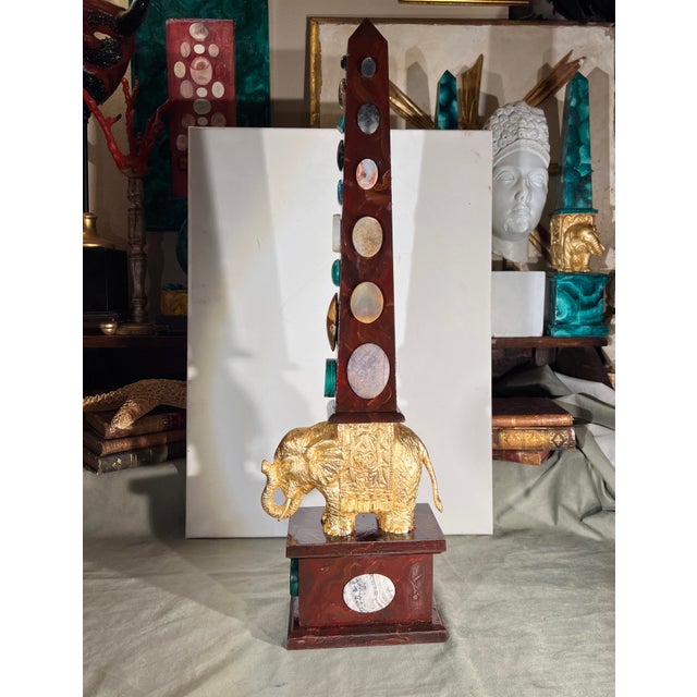 Wood Large Italian Grand Tour Style Handpainted & Gilded Obelisk of the Minerva With Semi-Precious Stone Specimens For Sale - Image 7 of 12