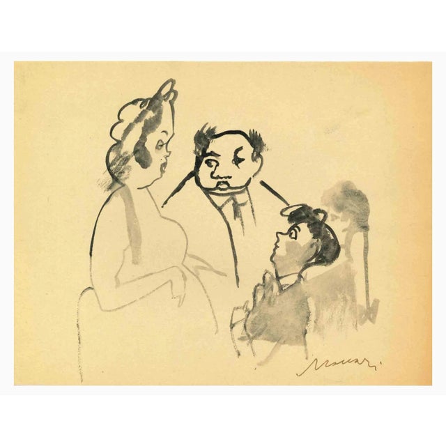 Family Meeting is a watercolor Drawing realized by Mino Maccari (1924-1989) in the Mid-20th Century. Hand-signed on the...