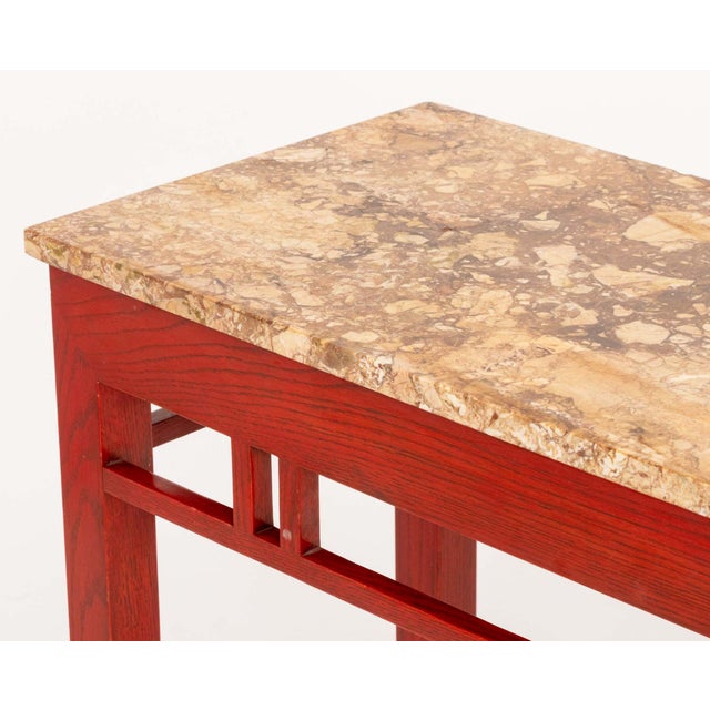 James Mont Style Marble Top Red Stained Oak Console Table For Sale In New York - Image 6 of 7