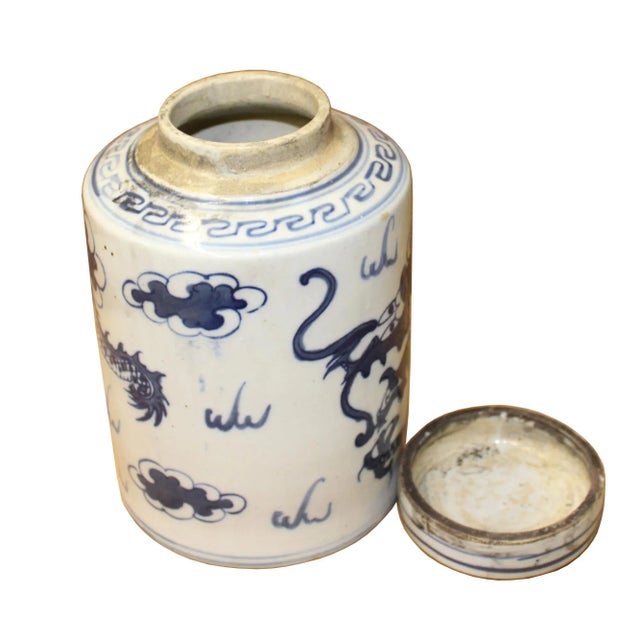 Chinese Blue White Ceramic Dragon Graphic Container Urn Jar For Sale - Image 4 of 7