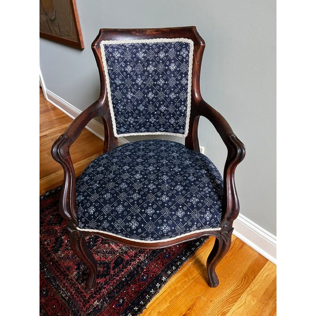 Antique Blue and White Batik Upholstered English Wood Accent Chair For Sale - Image 15 of 16