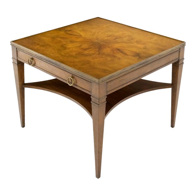 1970s Baker Burl Walnut Square Brass Gallery Top Drawer Lamp Side Table For Sale