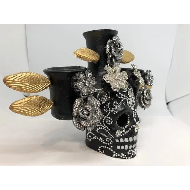 2010s Painted Terra Cotta Sugar Skull Candle Holder For Sale - Image 5 of 8