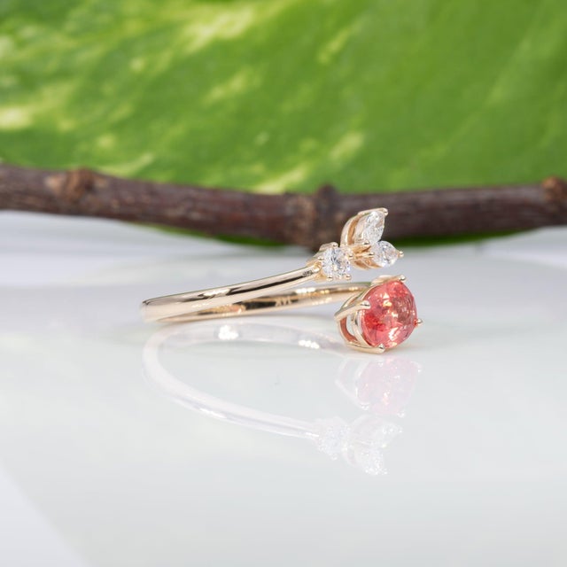 Metal 1Ct Padparadscha Sapphire Ring With Natural Diamond Accents: Solid 14k Gold, Size 6.75 For Sale - Image 7 of 9