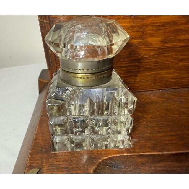 Antique 19th Century English Wood Oak Bronze Inkwell Desk Letter Writing Stand For Sale - Image 15 of 15